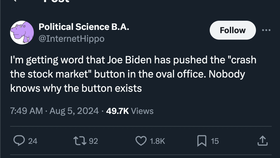 screenshot - Political Science B.A. I'm getting word that Joe Biden has pushed the "crash the stock market" button in the oval office. Nobody knows why the button exists Views 24 1792 15